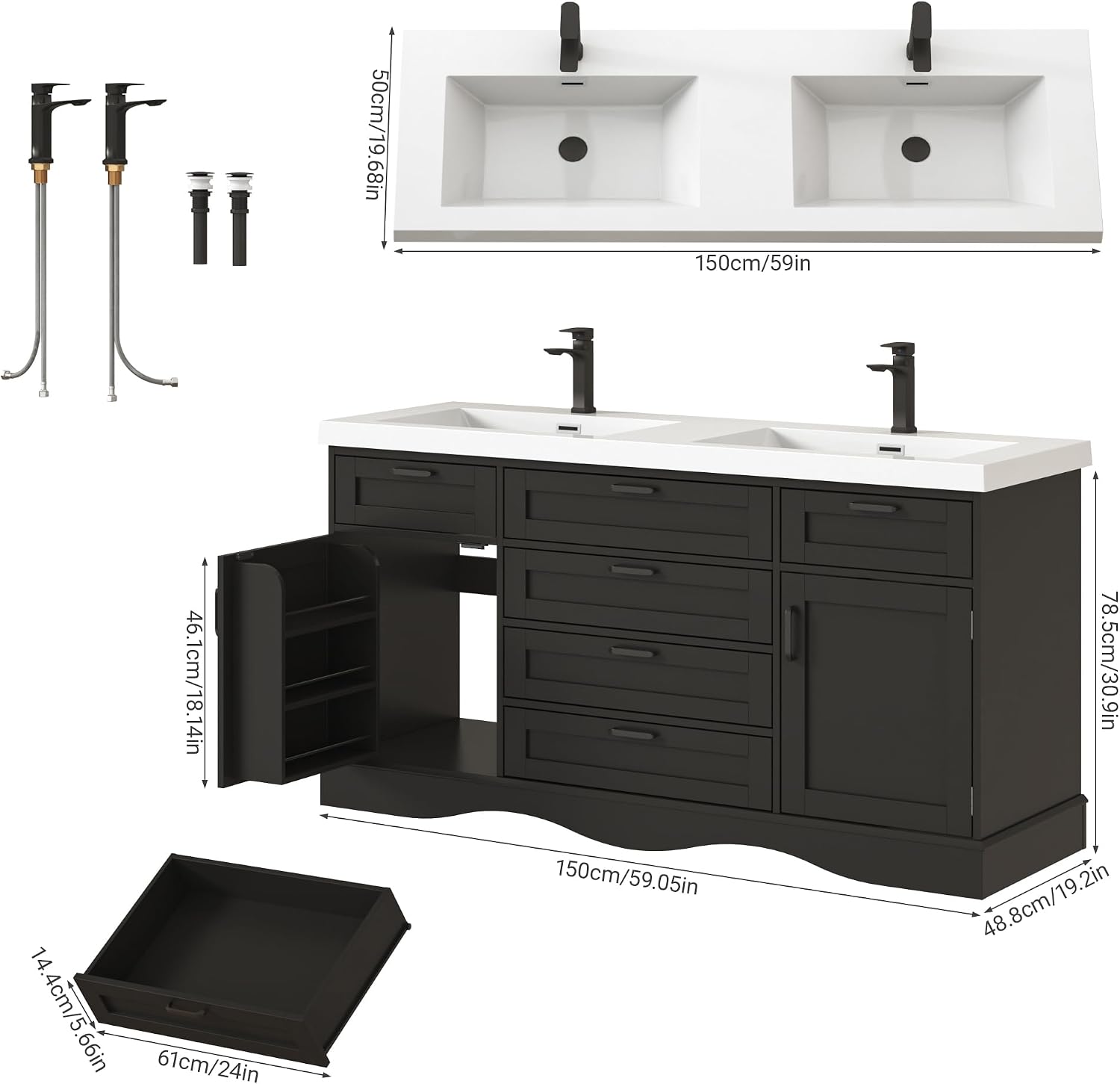 Black Freestanding Double Sink Vanity Cabinet