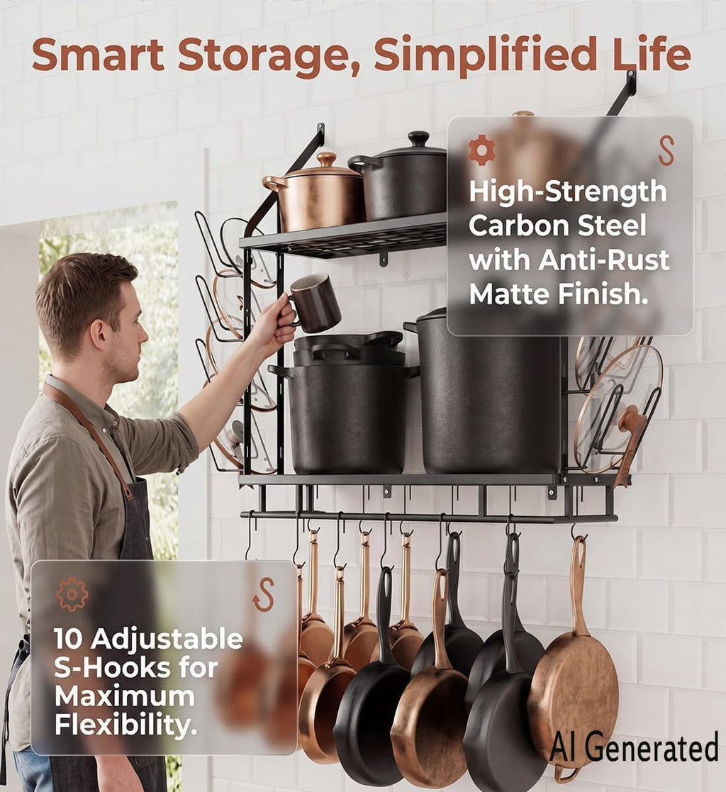 Black 2-Tier Wall Mount Pot Rack