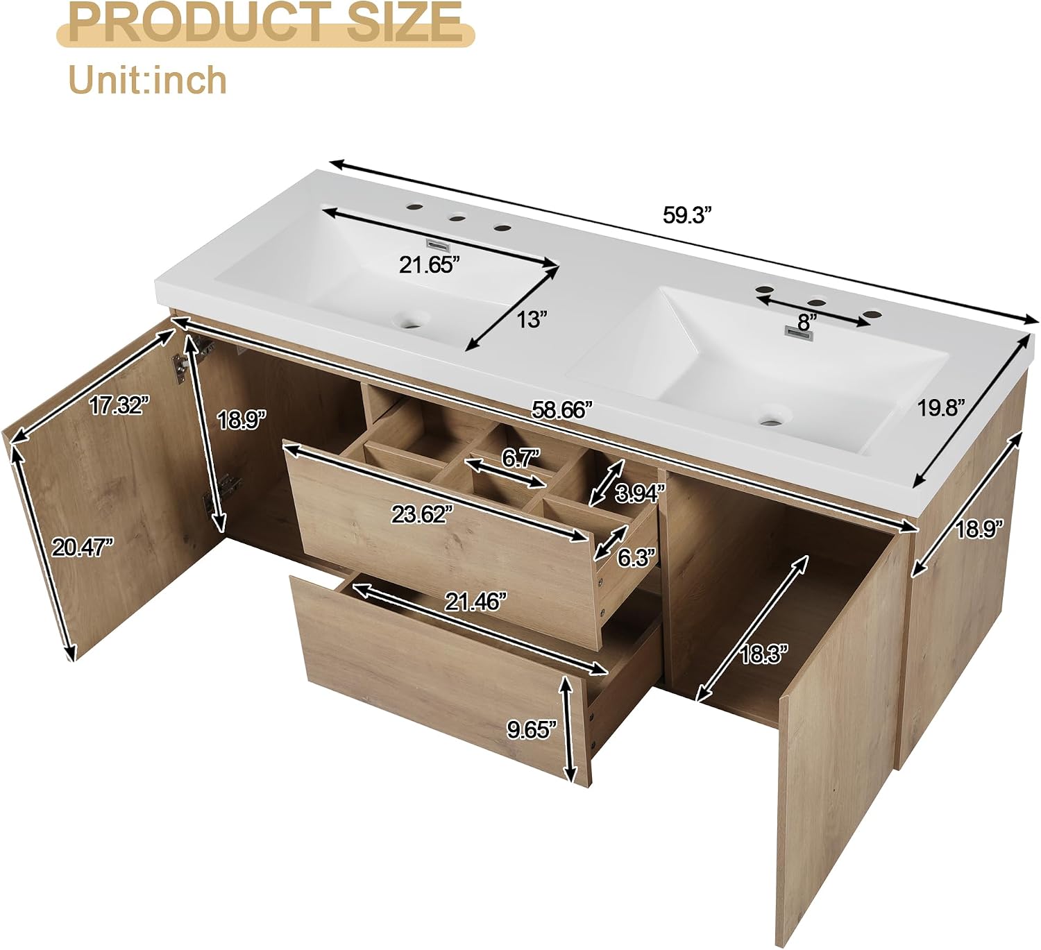 Wood Grain Floating Double Sink Vanity