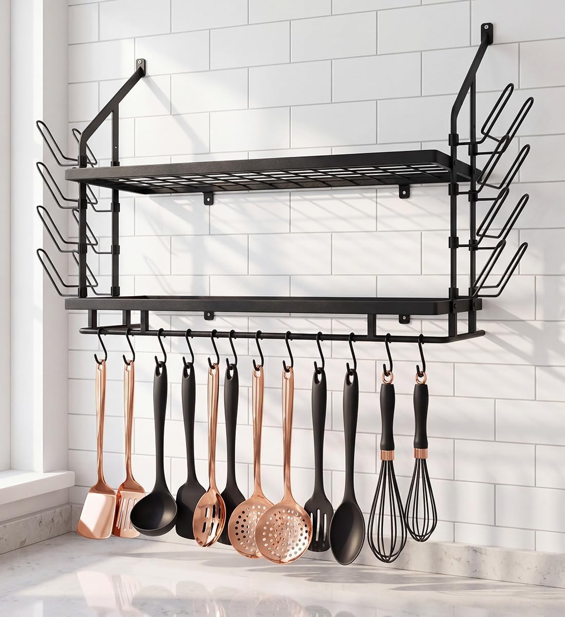 Black 2-Tier Wall Mount Pot Rack