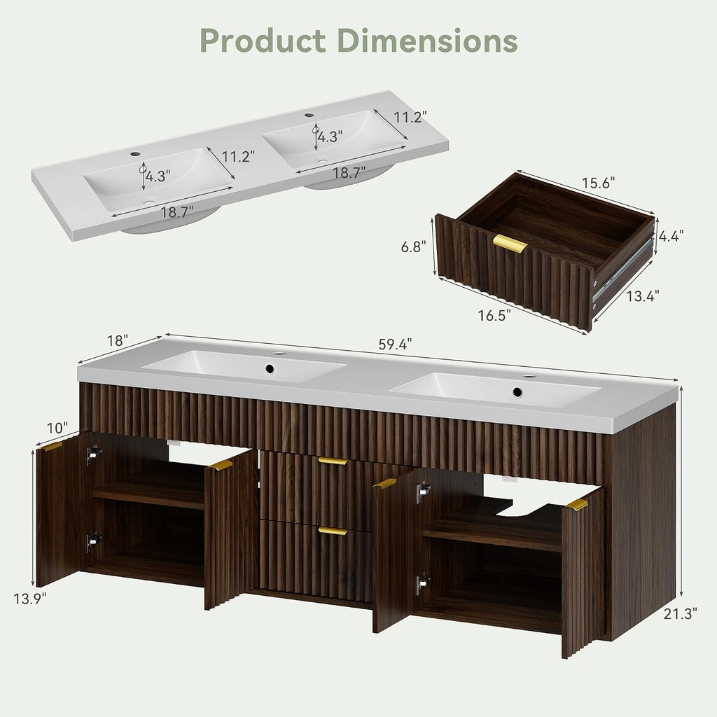 Walnut Fluted Floating Double Sink Vanity
