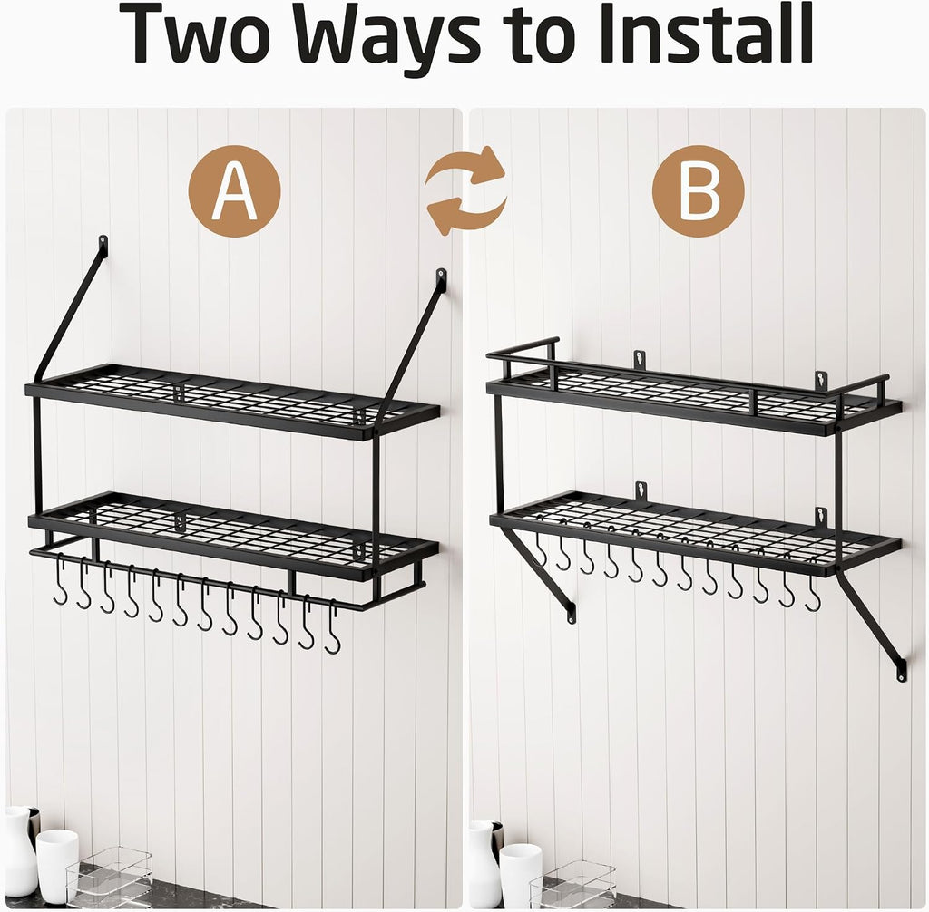 Wall Pot Rack With Hooks Storage Shelf