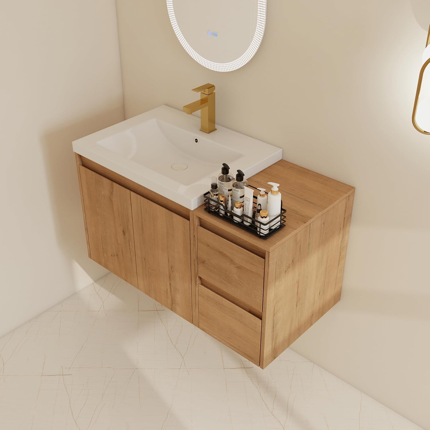 Imitative Oak Floating Double Sink Vanity