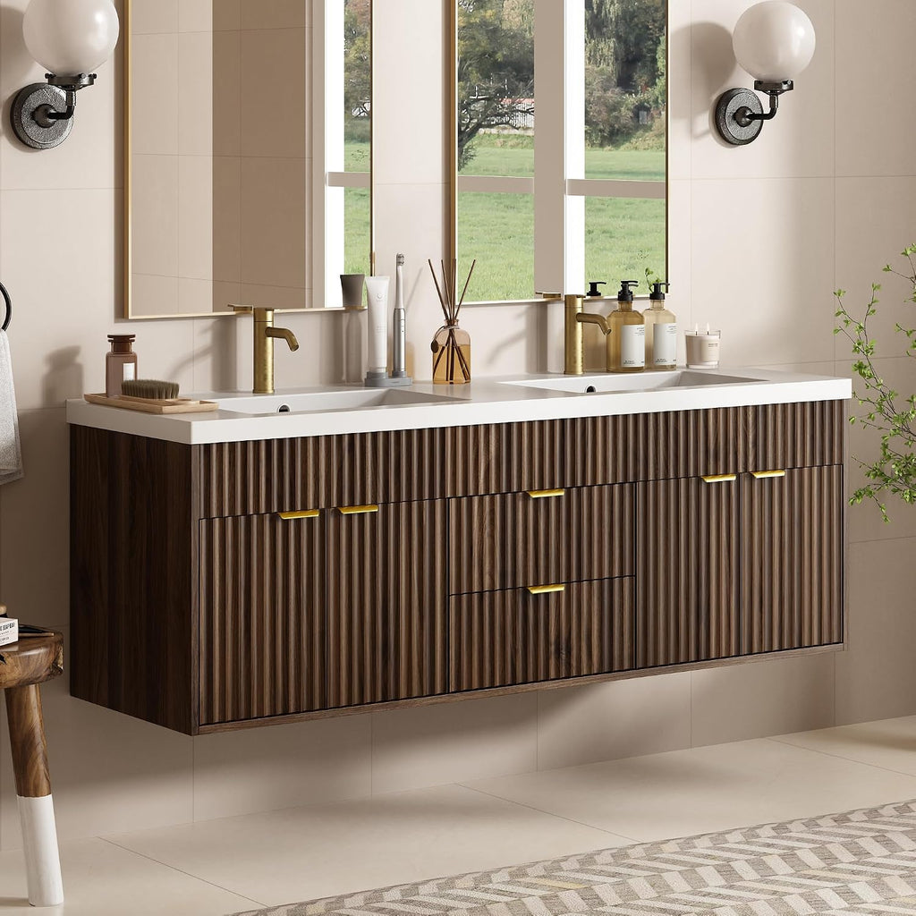 Walnut Fluted Floating Double Sink Vanity