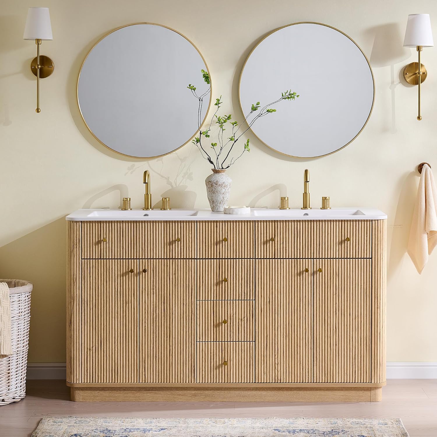 Oak Fluted Double Sink Bathroom Vanity