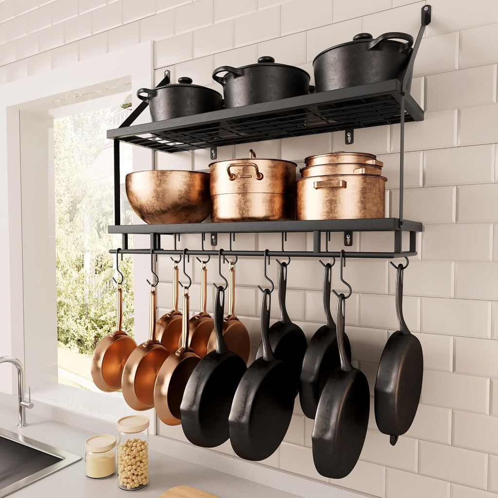 Wall Pot Rack With Hooks Storage Shelf