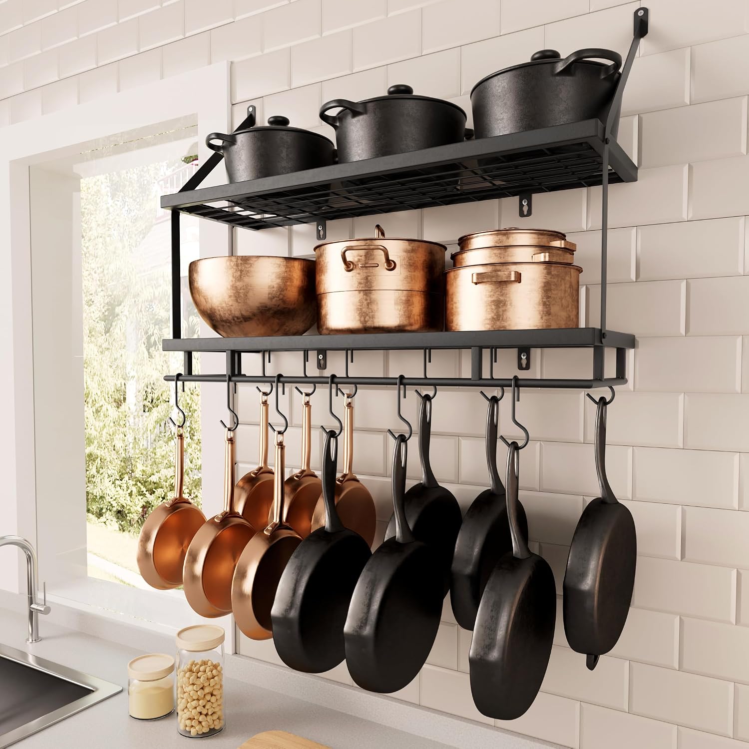 Wall Pot Rack With Hooks Storage Shelf