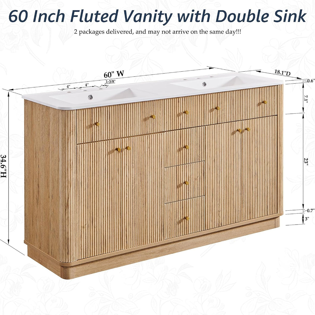 Oak Fluted Double Sink Bathroom Vanity