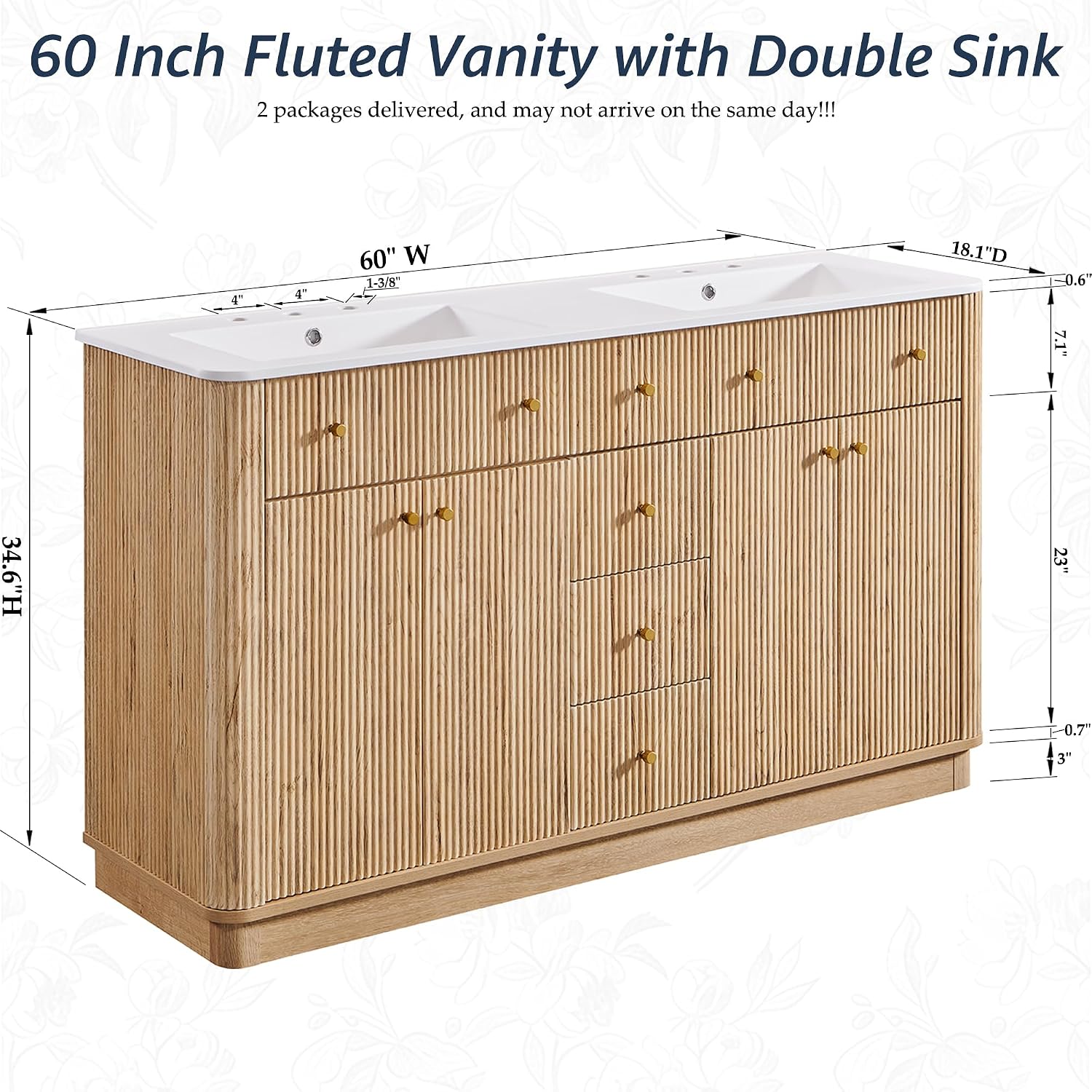 Oak Fluted Double Sink Bathroom Vanity