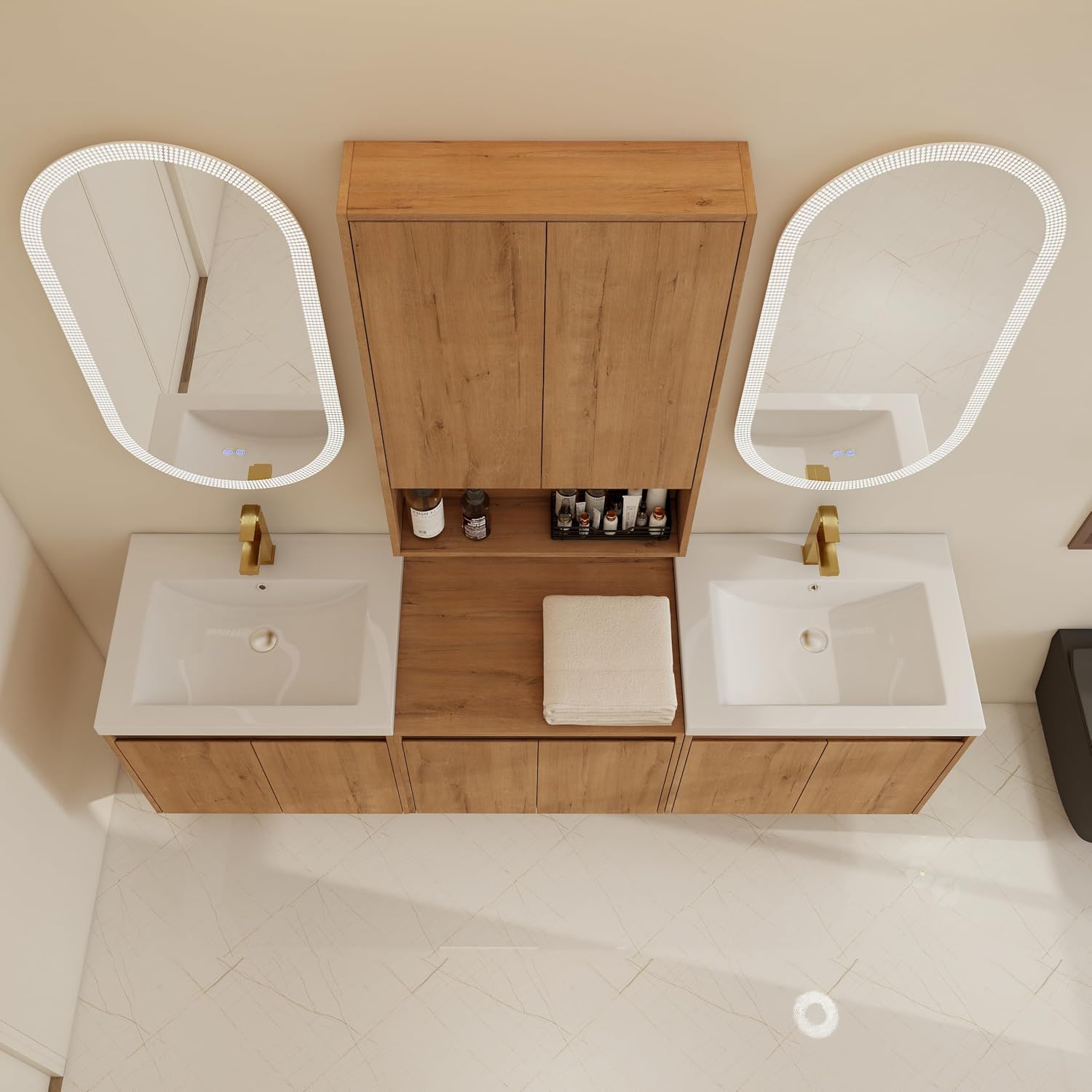 Imitative Oak Floating Double Sink Vanity