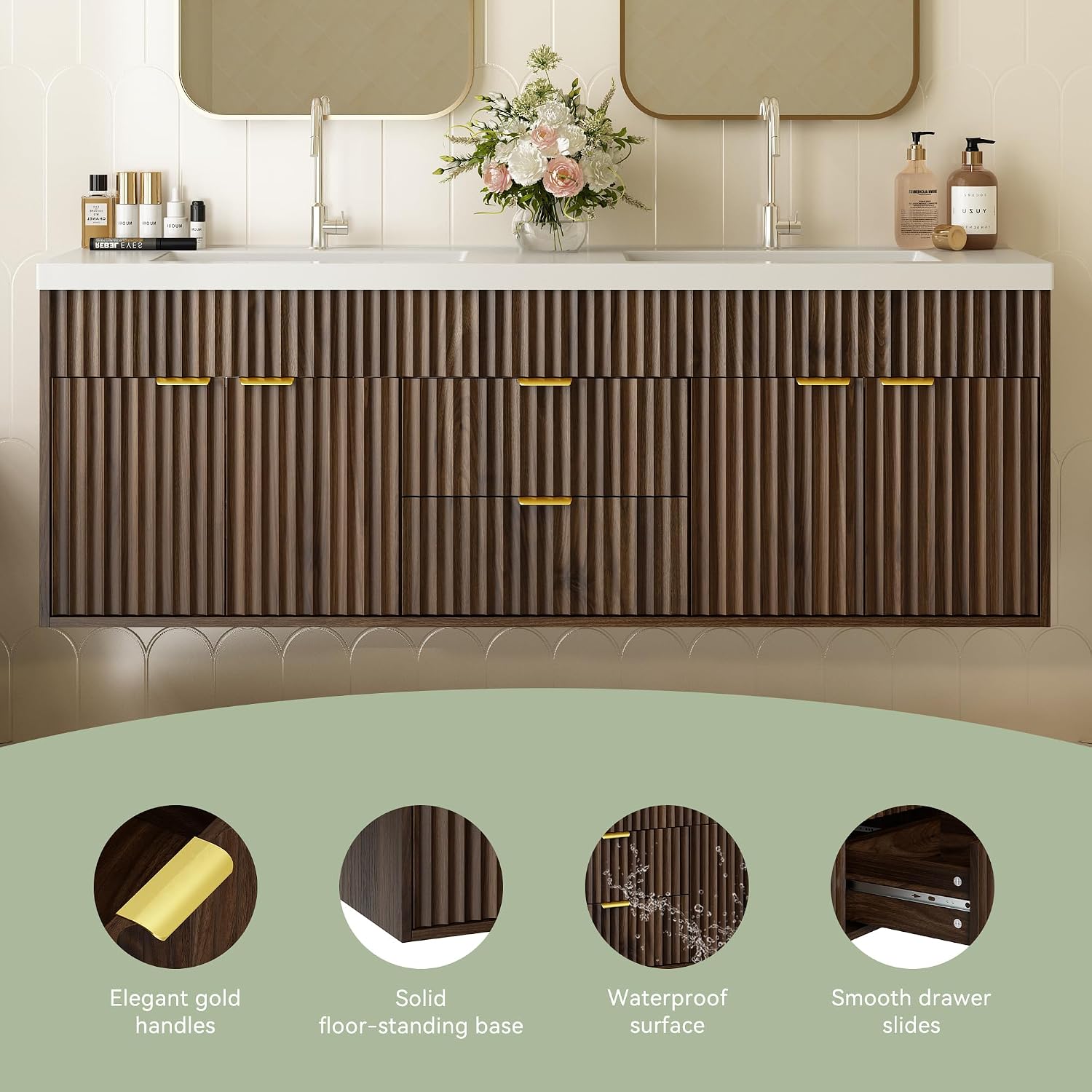 Walnut Fluted Floating Double Sink Vanity