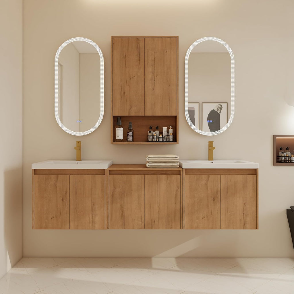 Imitative Oak Floating Double Sink Vanity