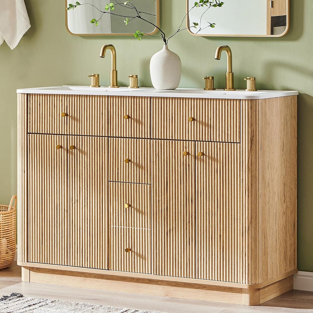 Oak Fluted Double Sink Bathroom Vanity