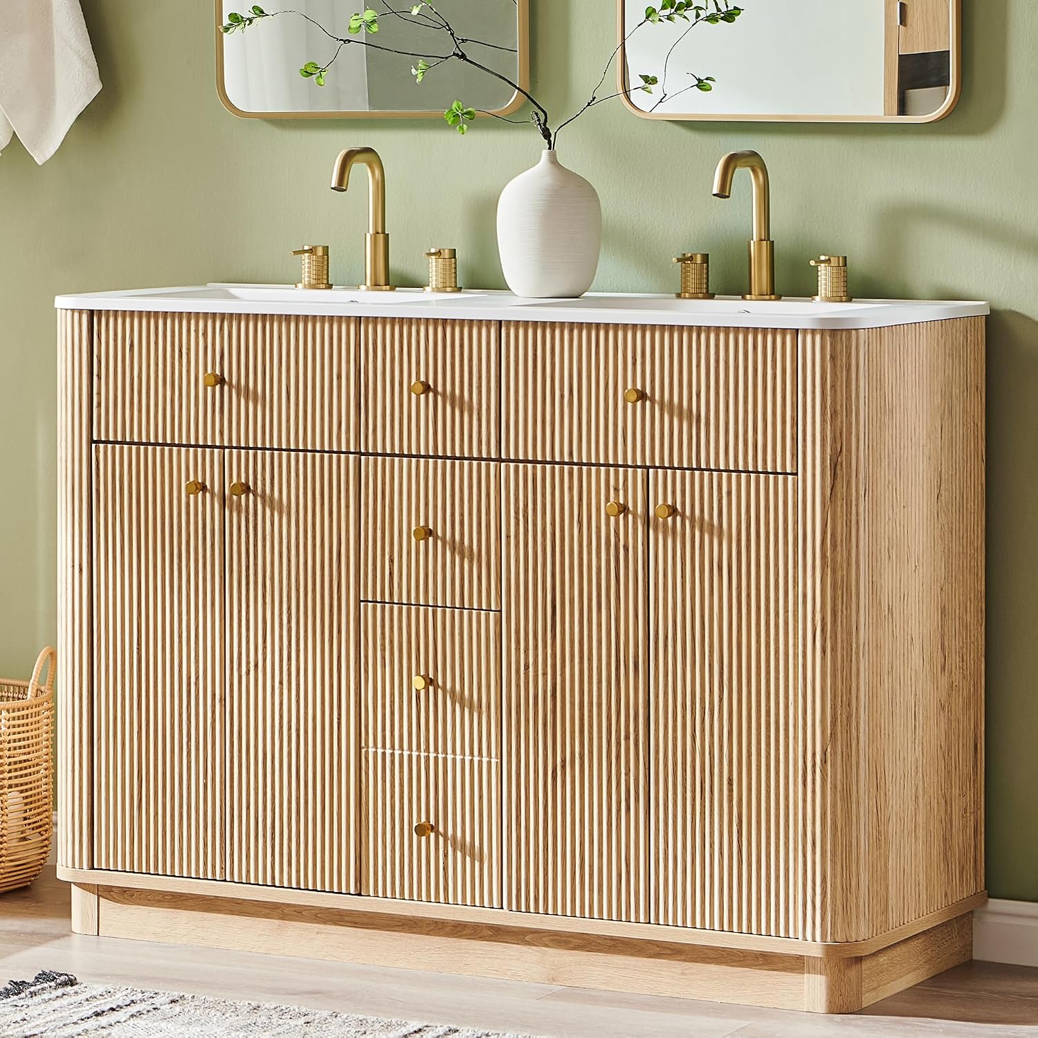 Oak Fluted Double Sink Bathroom Vanity