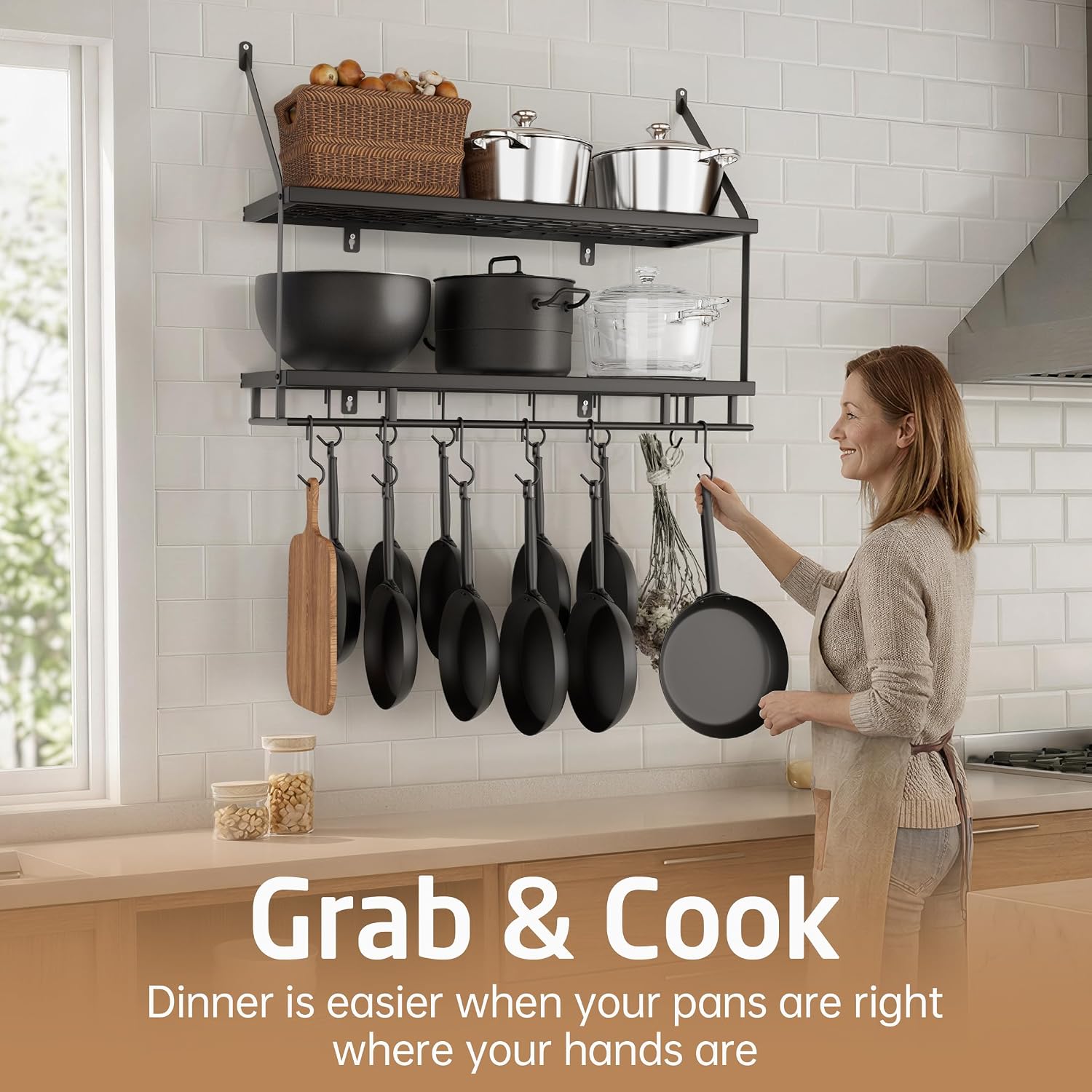 Wall Pot Rack With Hooks Storage Shelf