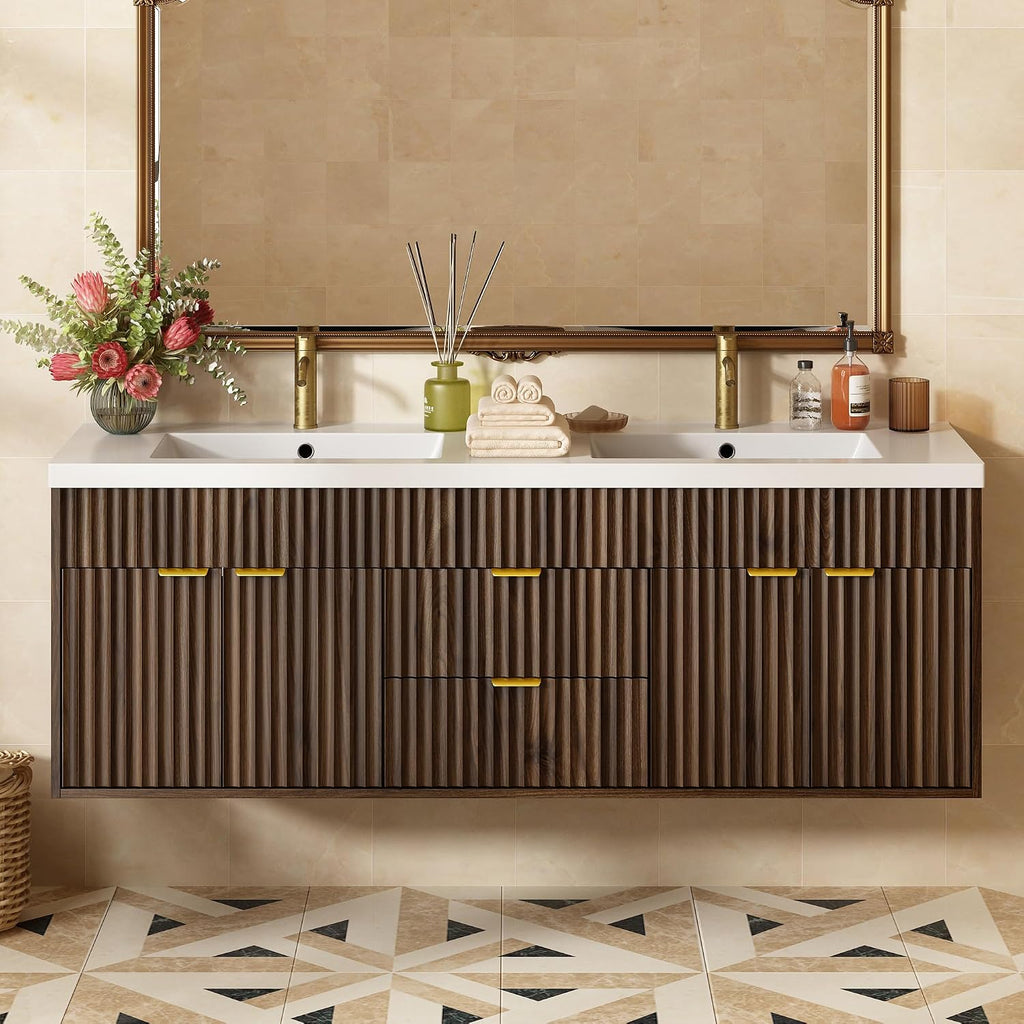 Walnut Fluted Floating Double Sink Vanity