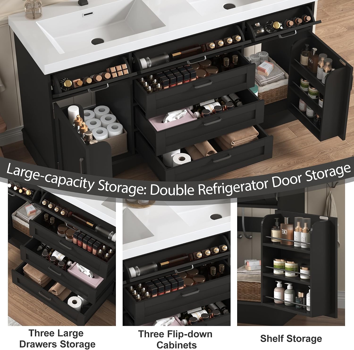Black Freestanding Double Sink Vanity Cabinet