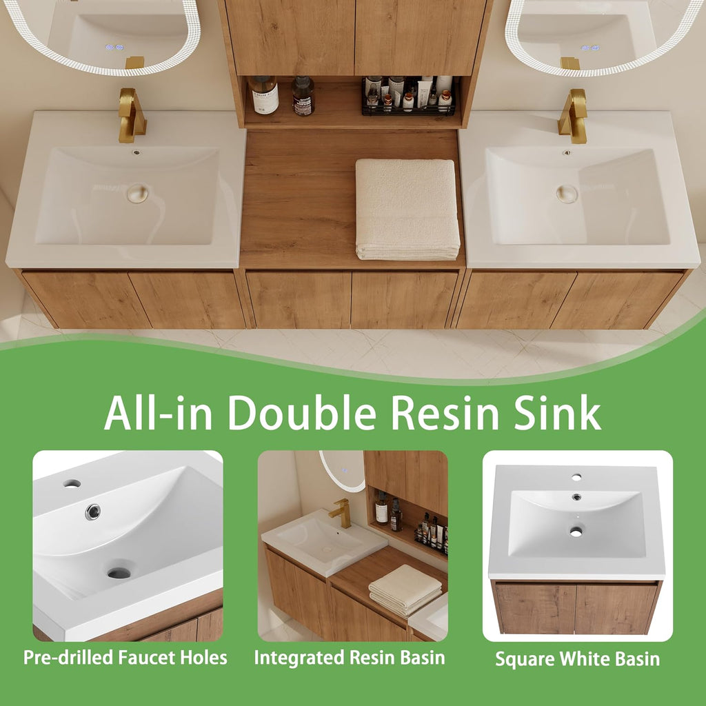 Imitative Oak Floating Double Sink Vanity