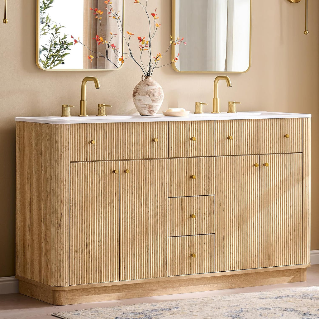 Oak Fluted Double Sink Bathroom Vanity