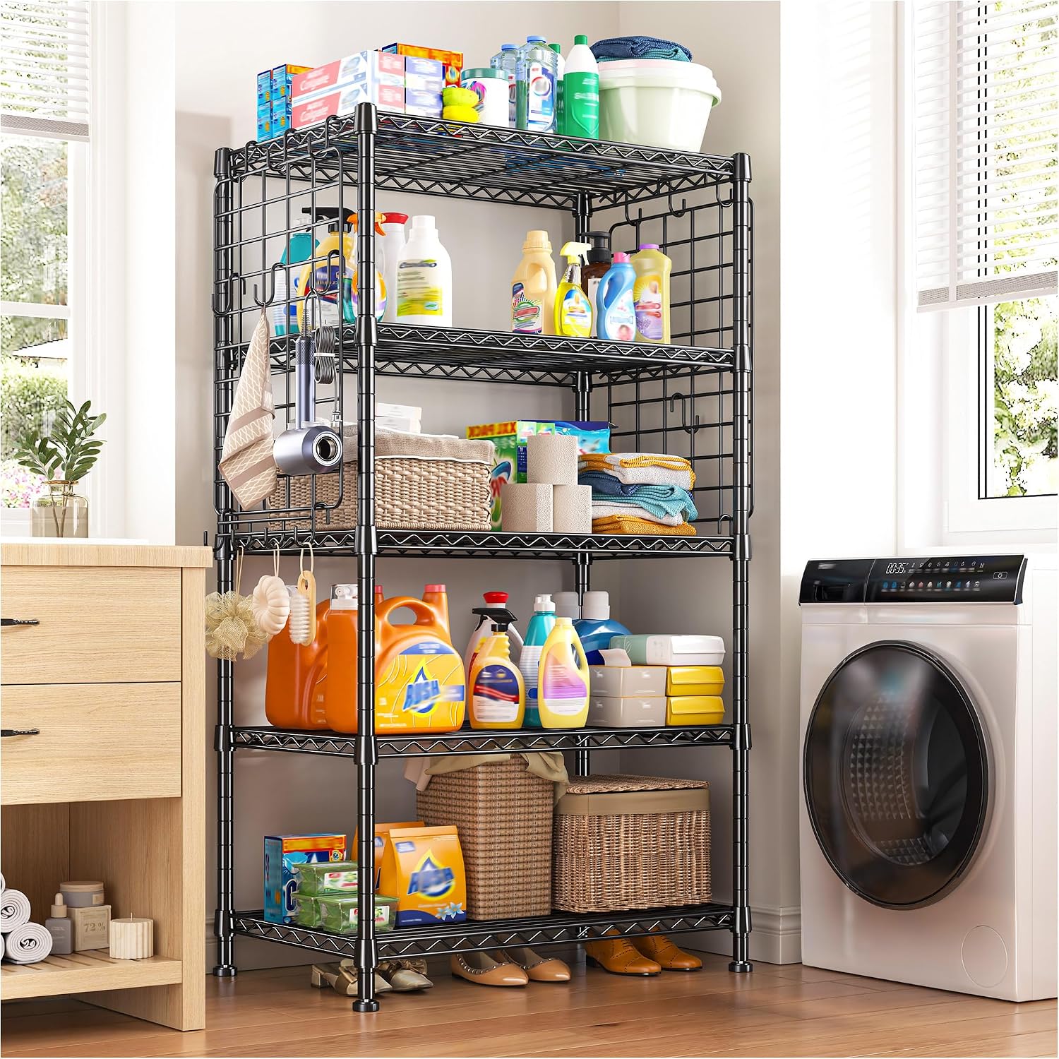 5-Tier Adjustable Storage Rack With Hooks